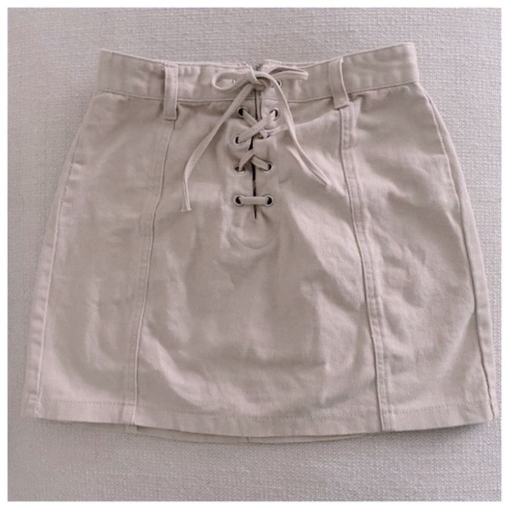 Forever21 Lace-Up Mini Jean Skirt in Beige Sand Khaki - Picture 4 of 8